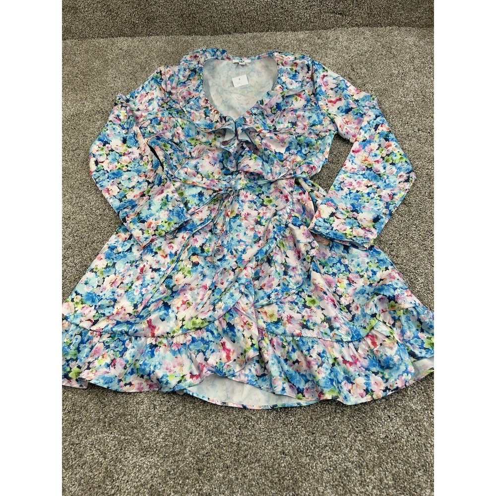 Bar III Petite Floral-Print Ruffled Tie-Waist Wrap Dress Size Medium